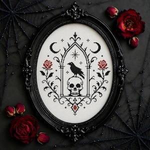 Witchy Raven Skull Cross Stitch Pattern, Celestial Gothic Dark Rose Chart PDF