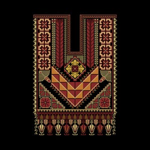 Könnte beinhalten: Ein rechteckiges Stickmuster mit einem zentralen geometrischen Design in den Farben Dunkelrot, gebranntes Orange und Gold auf schwarzem Grund. Das Motiv besteht aus symmetrischen Quadraten, Dreiecken, vertikalen Säulen und einem Fransenrand.