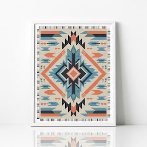 Könnte beinhalten: Ein gerahmter, rechteckiger Wandkunstdruck mit einem symmetrischen geometrischen Muster in Korallenorange, Hellblau, Dunkelmarineblau und Creme. Das Design besteht aus einem zentralen Rautenmotiv, das von sich wiederholenden Linien und Pfeilen umgeben ist.