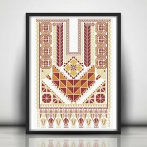 May include: A framed print featuring a symmetrical cross-stitch pattern in shades of deep red, mustard yellow, and white. The design displays intricate geometric shapes, including triangles and squares, arranged in a vertical, ornate composition.