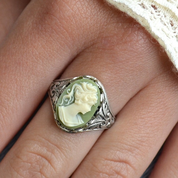 Cameo Ring, Antique Silver Plated Finish, Adjustable, Green Lady Cameo Ring