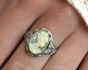 Cameo Ring, Antique Silver Plated Finish, Adjustable, Green Lady Cameo Ring