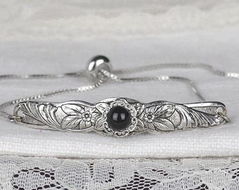 Victorian Black Onyx Flower & Vine Bracelet: Adjustable Dainty Design