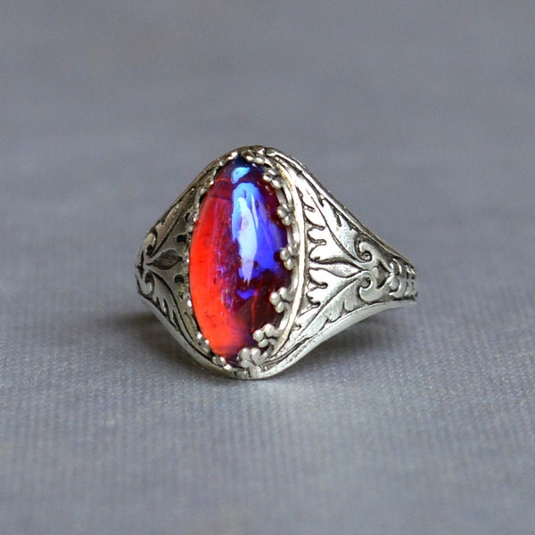 Dragons Breath Opal Ring, Marquise Fire 0pal Ring,  Mexican Fire Opal, Color changing Rings, goth fantasy jewelry