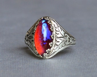 Dragons Breath Opal Ring, Marquise Fire 0pal Ring,  Mexican Fire Opal, Color changing Rings, goth fantasy jewelry