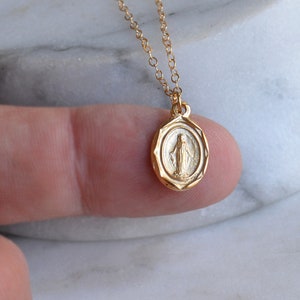 Tiny Gold Miraculous Necklace, Dainty Virgin Mary Medal, Meditation Pendant, Protection Charm, Baptism or First Communion Gifts, good Luck