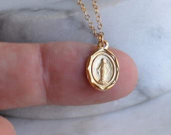 Tiny Gold Miraculous Necklace, Dainty Virgin Mary Medal, Meditation Pendant, Protection Charm, Baptism or First Communion Gifts, good Luck