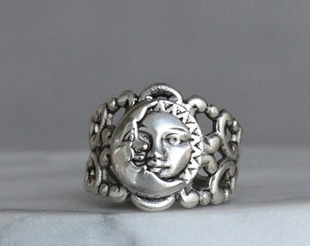 Sterling Silver Plated Sun and Moon Ring: Adjustable Filigree Design
