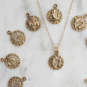 Zodiac Necklace Gold filled chain, Horoscope Necklace, Ancient Coin Pendant, constellation Jewelry, Dainty Zodiac Necklace, Pisces medallion