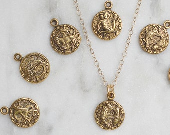 Zodiac Necklace Gold filled chain, Horoscope Necklace, Ancient Coin Pendant, constellation Jewelry, Dainty Zodiac Necklace, Pisces medallion