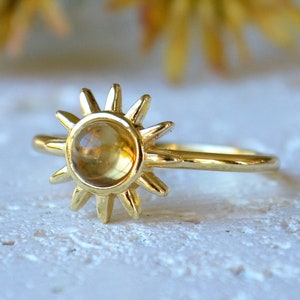 Sunshine Ring, Golden Citrine Sun Ring, November Birthstone, Dainty Sun Stacking ring. Celestial fire citrine Ring, Gold vermeil Sterling