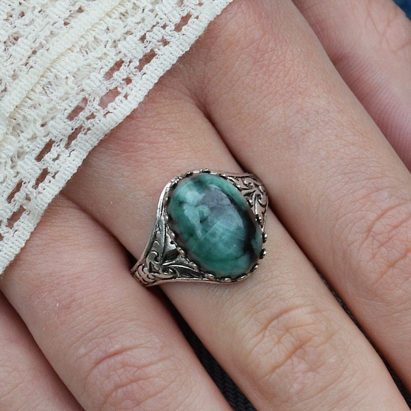 Natural Emerald Ring, Raw Emerald Ring, May birthday gift, Real Emerald Ring, silver plated and adjustable