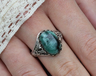 Natural Emerald Ring, Raw Emerald Ring, May birthday gift, Real Emerald Ring, silver plated and adjustable