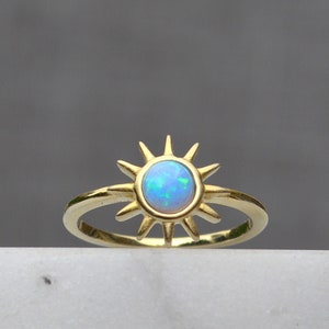 Opal sun ring, Dainty sunshine ring, Thin Gold Ring, October Birthstone, Delicate celestial ring, Solar Ring, Atomic sunburst