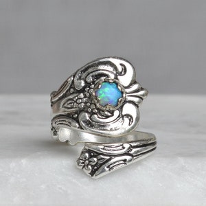 Opal Spoon Ring, Blue opal Ring, Opal Thumb Ring, Silver Plated Spoon Rings, Spoon Jewelry, October birthday Gifts, Fire Opal Jewelry