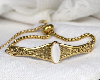 Mother of pearl Bracelet,  floral engraved gold bracelet, Victorian style Jewelry