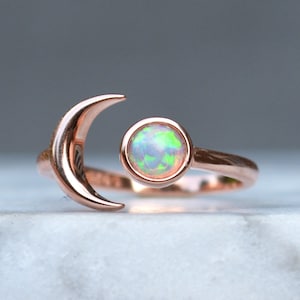 Rose Gold Moon Phase Ring: Sterling Silver Opal Celestial Jewelry