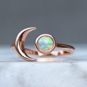 Moon Phase Ring, Rose Gold Fire Opal, Celestial Jewelry, October Birthstone, White Opal Ring Opal Moon Ring, Delicate Opal Rings, Stackable