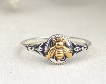 Sterling Silver Bee Signet Ring: Dainty Brass Accent