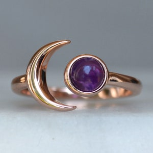 Anillo de luna de amatista en oro rosa: joyería de plata de ley con media luna y estrella