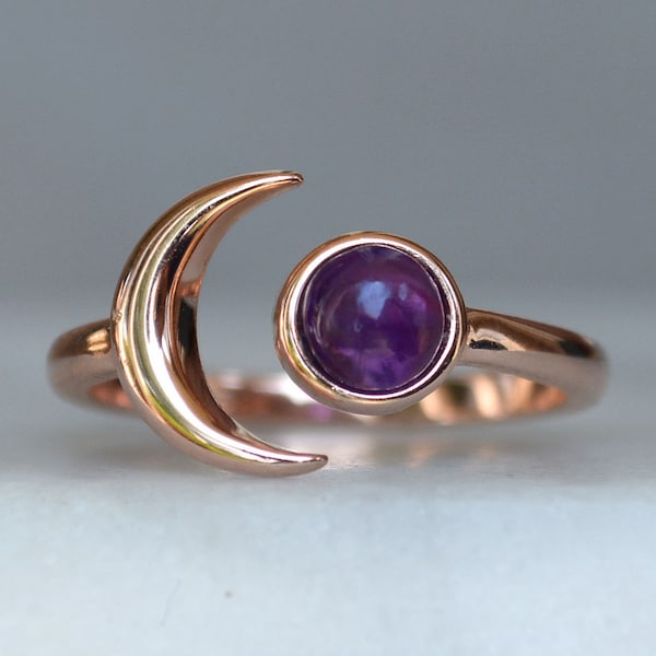 Wanderlust Moon Ring, Rose Gold Amethyst Ring,  Crescent Star jewelry, Moon hugging Planet Ring, Blush Moon Ring, February birthstone ring