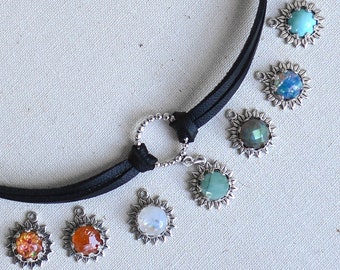 Stone and Leather Choker Necklace, Select your Gemstone, Raw Emerald, Rainbow Moonstone and Fire Opals