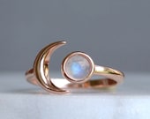 Moonstone Moon Ring Rose Gold, Rainbow Moonstone, Crescent Moon Ring, Celestial Ring, Blush Jewelry, Raw Stone Ring, Moon Phase Rings
