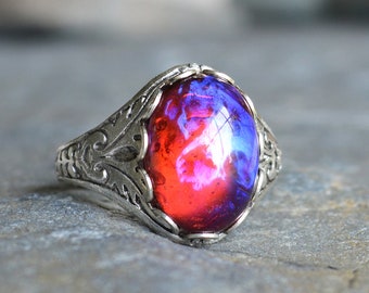 Dragons Breath Ring, Fire Opal Rings, Silver Plated, Mexican Opal Ring, opal cocktail ring, color changing ring, vintage opal ring,