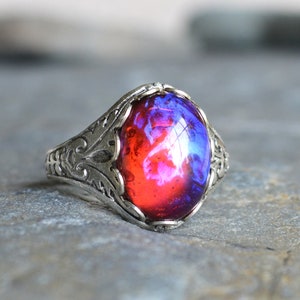 Dragons Breath Ring, Fire Opal Rings, Silver Plated, Mexican Opal Ring, opal cocktail ring, color changing ring, vintage opal ring,