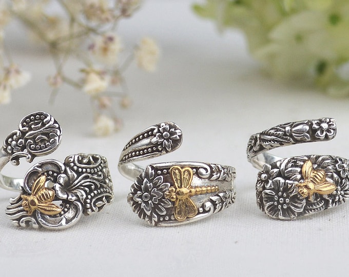 Flower Bee Spoon Ring, Dragonfly Wrap Ring, Adjustable Sterling Silver ...