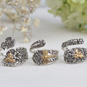 Flower Bee Spoon Ring, Dragonfly Wrap Ring, Adjustable Sterling Silver Floral Spoon Ring