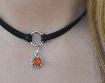 Sunstone Black Leather Choker, Sunshine Stone Choker Necklace, Customize your Gemstone, Sun and Moon Necklace