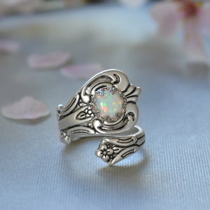 White Opal Spoon Ring, Fire Opal Ring, October Birthstone Ring, Thumb Ring, Spoon Jewelry, Opal Promise Ring,Silver plated