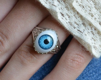 Eye Ring, Eyeball Ring, Cameo Ring, Adjustable, Vintage Style, Silver Plated, Green Blue or Brown