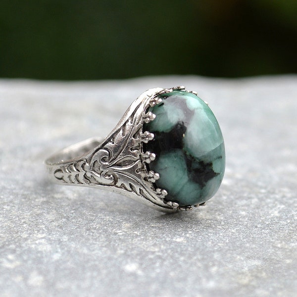 Raw Emerald Ring, May Birthstone Ring, Natural Gemstone Jewelry, unique statement ring, Silver plated and adjustable rings