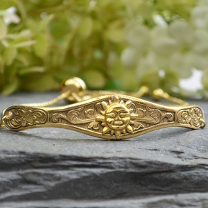 Gold Smiling Sun Adjustable Bracelet, Celestial Jewelry, Flower bracelet