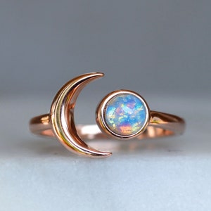 Crescent Moon Ring, Opal Stacking Ring, Moon Opal Ring, Half Moon ring with Stone, Dainty Opal Jewelry, blue Fire Opal Ring in Rose Gold