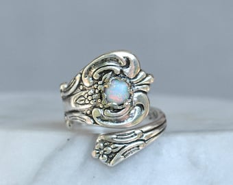 White Opal Spoon Ring, Thumb Ring, October birthday Gift, Silver Plated Spoon Rings, Spoon Jewelry, October birthstone Ring, fire opal rings