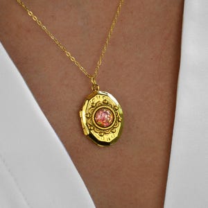 Vintage gold fire opal locket on sterling silver vermeil chain