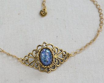 Blue Opal choker necklace in antique gold, fire opal statement necklace