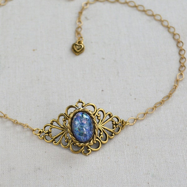 Blue Opal choker necklace in antique gold, fire opal statement necklace