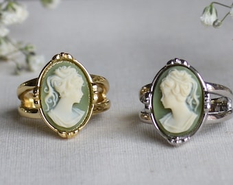 Green Cameo Ring in Sterling Silver or Gold Vermeil, Dainty Cameo ring, Lady portrait Cameo ring, Victorian style jewelry