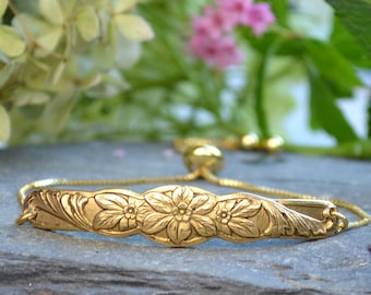 Gold Forget Me Not flower bracelet with adjustable Slide, Victorian Design gift