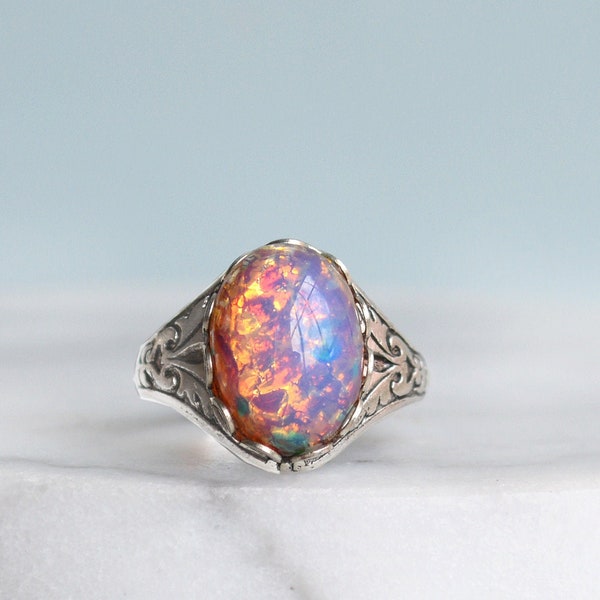 Fire Opal Ring, Vintage Harlequin Opal, Silver Plated Adjustable Filigree Ring, Pink glass Opal Ring, Opal Jewelry, October Birthday