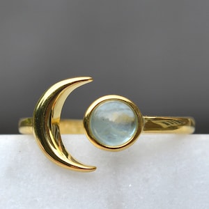 aquamarine ring with Crescent Moon, March Birthstone Ring, Good Luck Protection Ring, Calming Crystal Ring, Natural Gemstone Jewelry