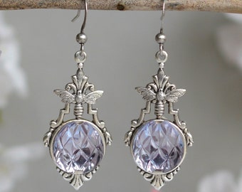 Tiny Bee Earrings with Alexandrite Vintage Glass Stone, Victorian or Art Deco style dangle Earrings