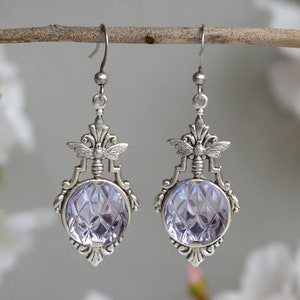 Tiny Bee Earrings with Alexandrite Vintage Glass Stone, Victorian or Art Deco style dangle Earrings