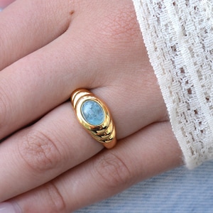 Aquamarine signet ring, croissant ring, March Birthstone jewelry, Dome ring, Minimalist ring in gold vermeil