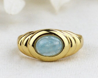 Aquamarine signet ring, croissant ring, March Birthstone jewelry, Dome ring, Minimalist ring in gold vermeil