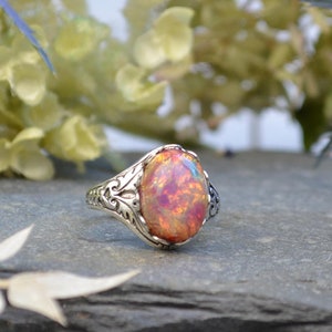 Fire Opal Ring, Vintage Harlequin Opal, Silver Plated Adjustable Filigree Ring, glass Opal Ring, Opal Jewelry, October Birthday